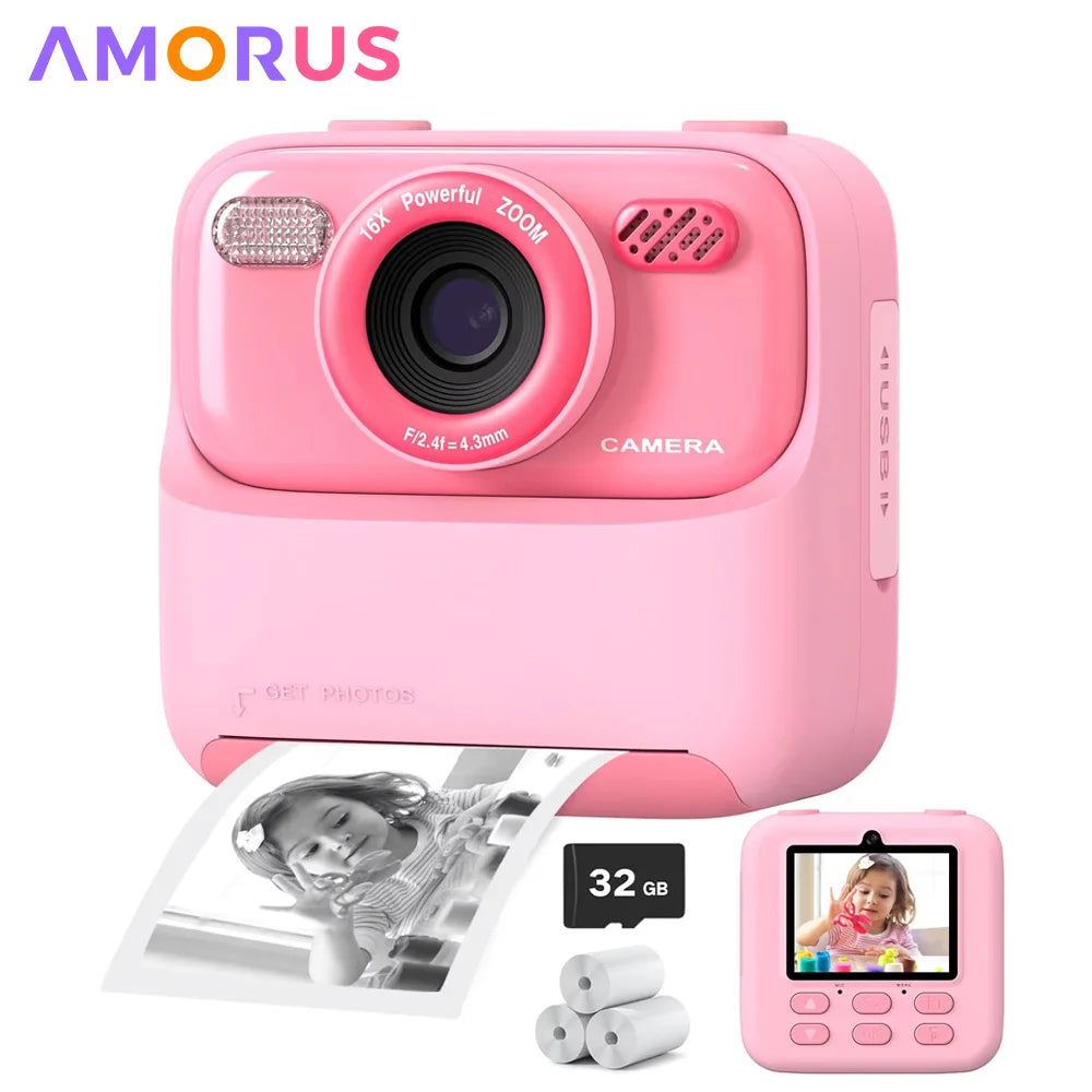 AMORUS Kids Camera Instant 1080P HD Dual Lens Selfie Digital Camera for Girls Boys Christmas Birthday Gifts Toys With 32G Print 