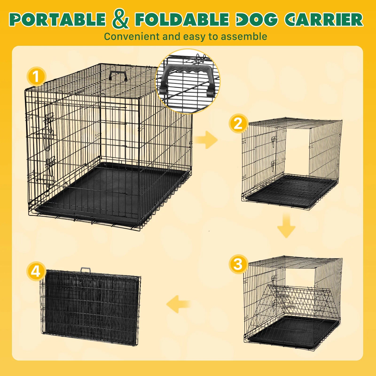 48 Inch Folding Metal Dog Crate with Double Doors & Leak-Proof Tray