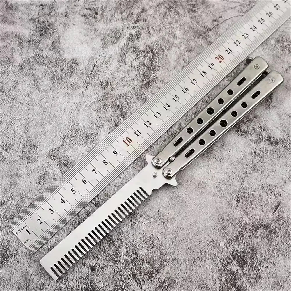 Foldable Comb Stainless Steel Practice Training Butterfly Knife Comb Beard Moustache Brushe Salon Hairdressing Styling Tool 