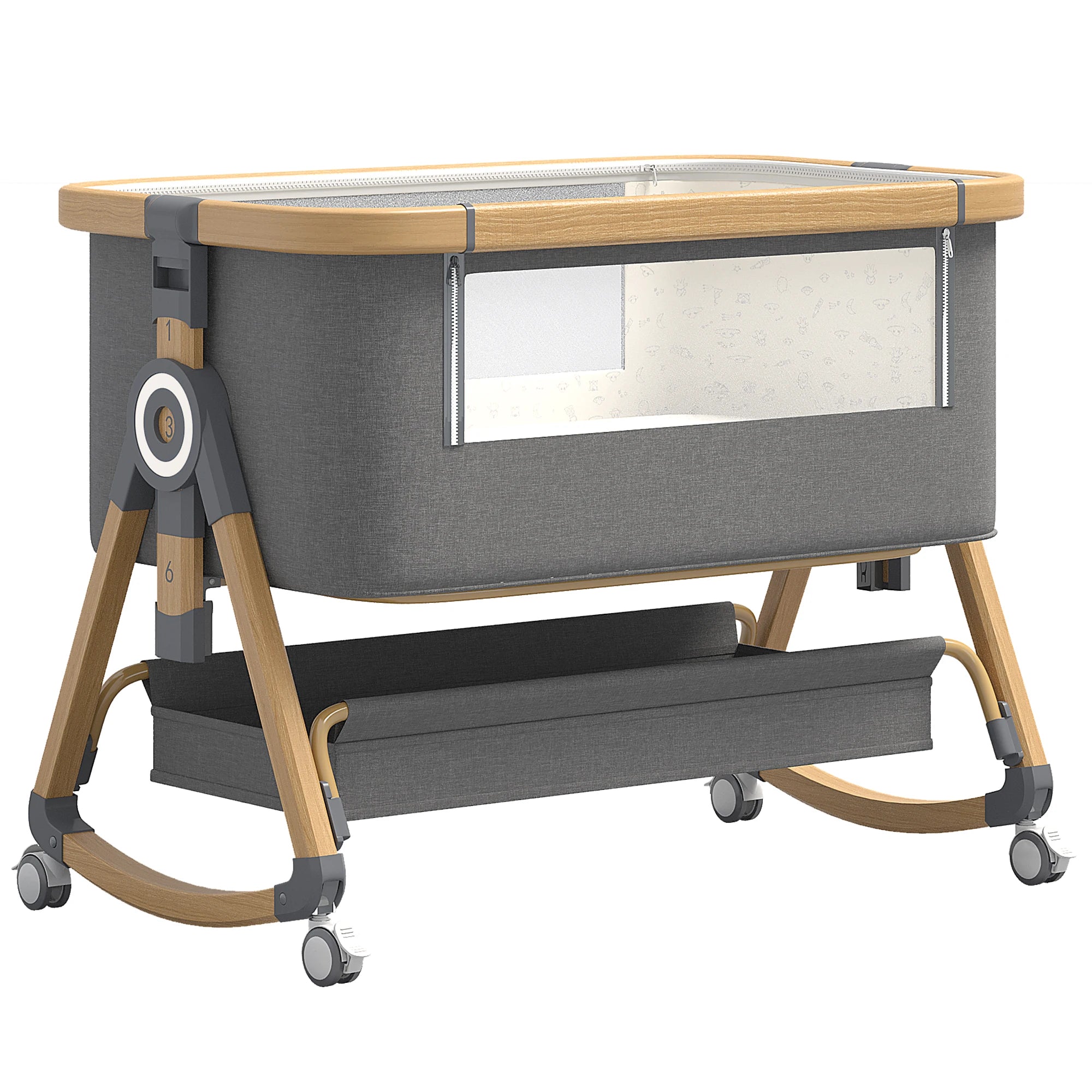 5-in-1 Baby Crib with Adjustable Height, Rocking Mode, Mosquito Net and Storage