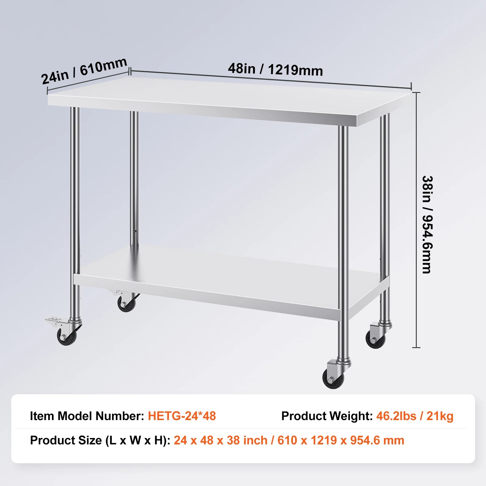Stainless Steel Work Table with Wheels & Adjustable Shelves