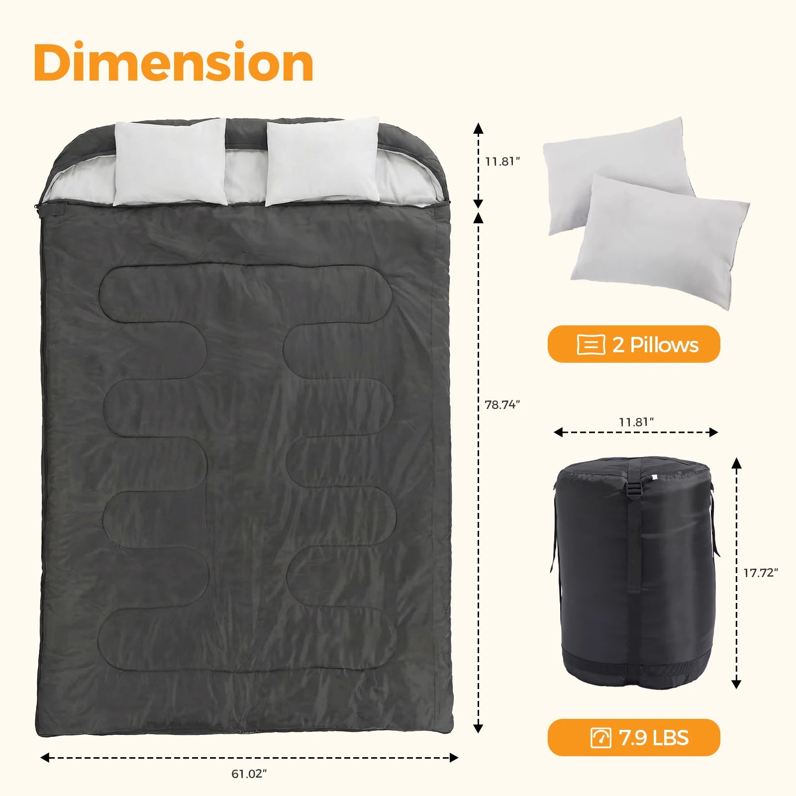 Double Sleeping Bag for 2 Adults with Pillows, 3 Season Camping