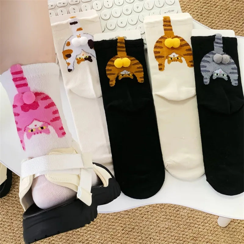 Cartoon Cat Egg Couple Socks Cozy Mid-Calf Cotton for Maternity Warm Winter Cute Present for Christmas Cat Lovers Family 