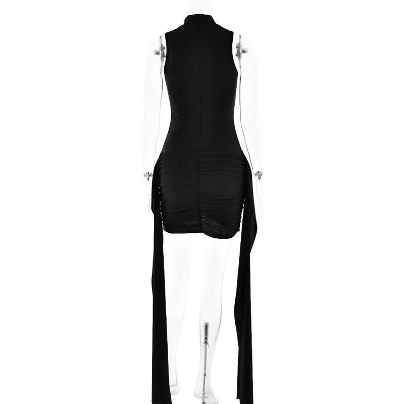 Mozision Turtleneck Sleeveless Sexy Mini Dress For Women Fashion Irregular Ruched Tank Dress Femme Elegant Club Party Dress 