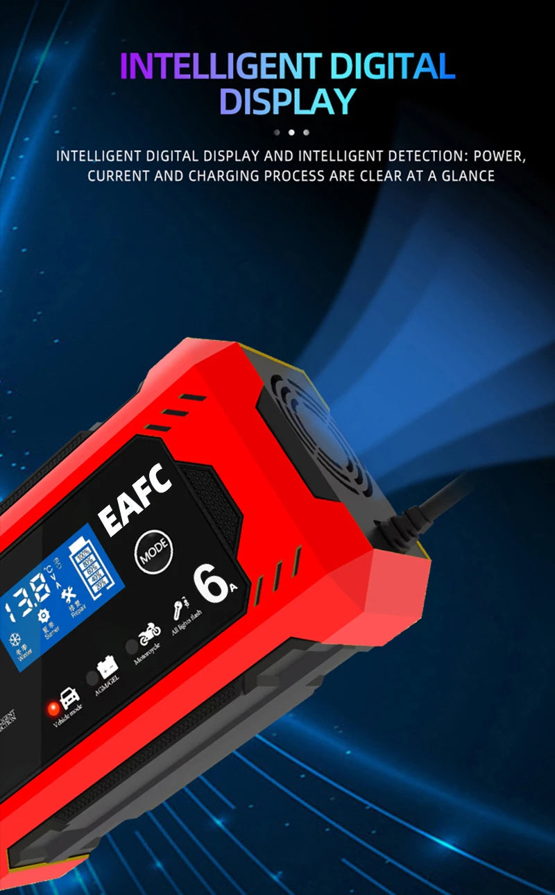 Car Battery Charger 12V 6A Intelligent Fast Charging Pulse Repair Type Full Auto-Stop Dual-Mode Lead Acid for Motorcycle Truck 