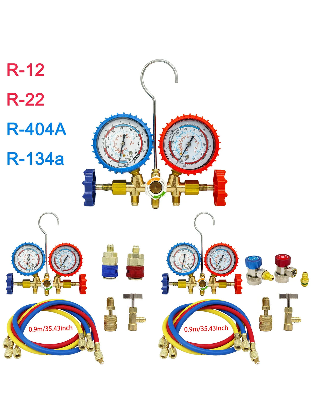 3-cestný AC manoměr s hadicami pre R12/R22/R404A/R134a | Automobilová HVAC diagnostika chladiaca látka