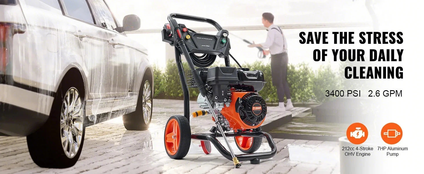 Bensindriven högtryckstvätt 3400 PSI 2,6 GPM med 5 munstycken och 26 ft slang