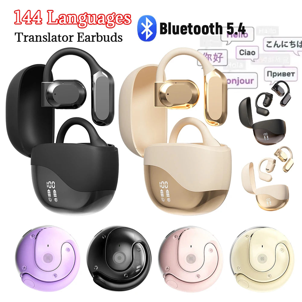 AI Translator Earbuds Bluetooth 5.4 Noise Cancelling Real Time Translator Ear Hook Two-Way Voice Translator for Business Travel 