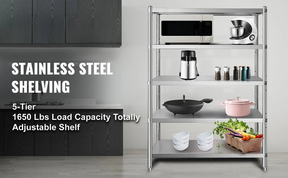 5-Tier Stainless Steel Storage Shelf Heavy Duty Adjustable Rack