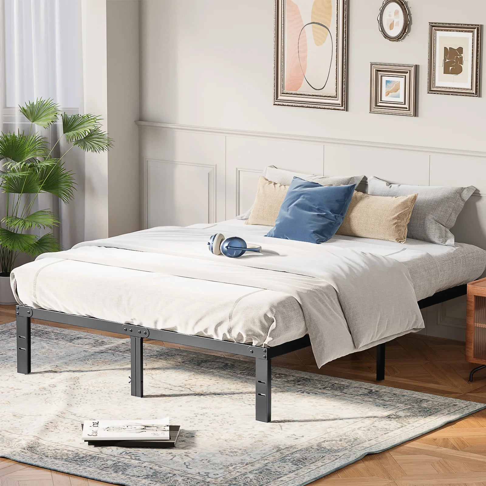 Metal Platform Bed Frame with 11.9in Storage & Steel Slats