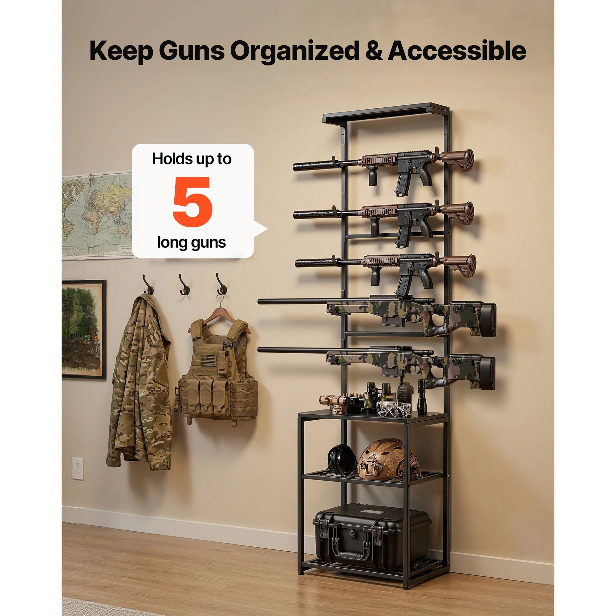 Supporto per fucili Gun Rack da terra, da interno, porta fucili a ripiani con spazio di stoccaggio per espositore a parete, supporto per garage