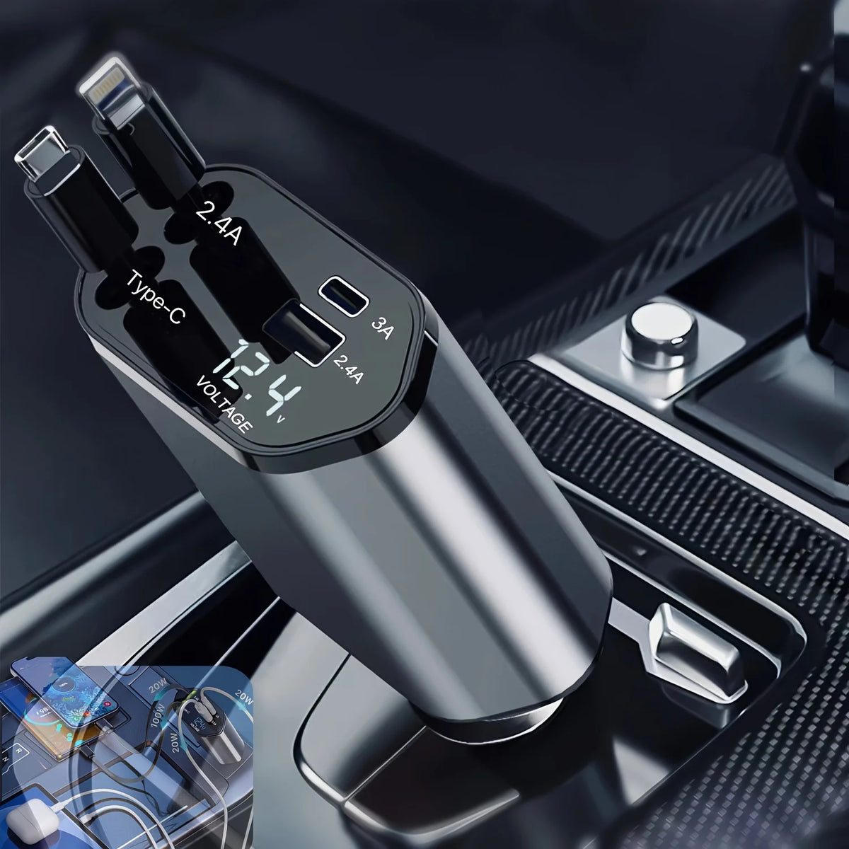 Chargeur de voiture rétractable 4-en-1 avec prise réglable
