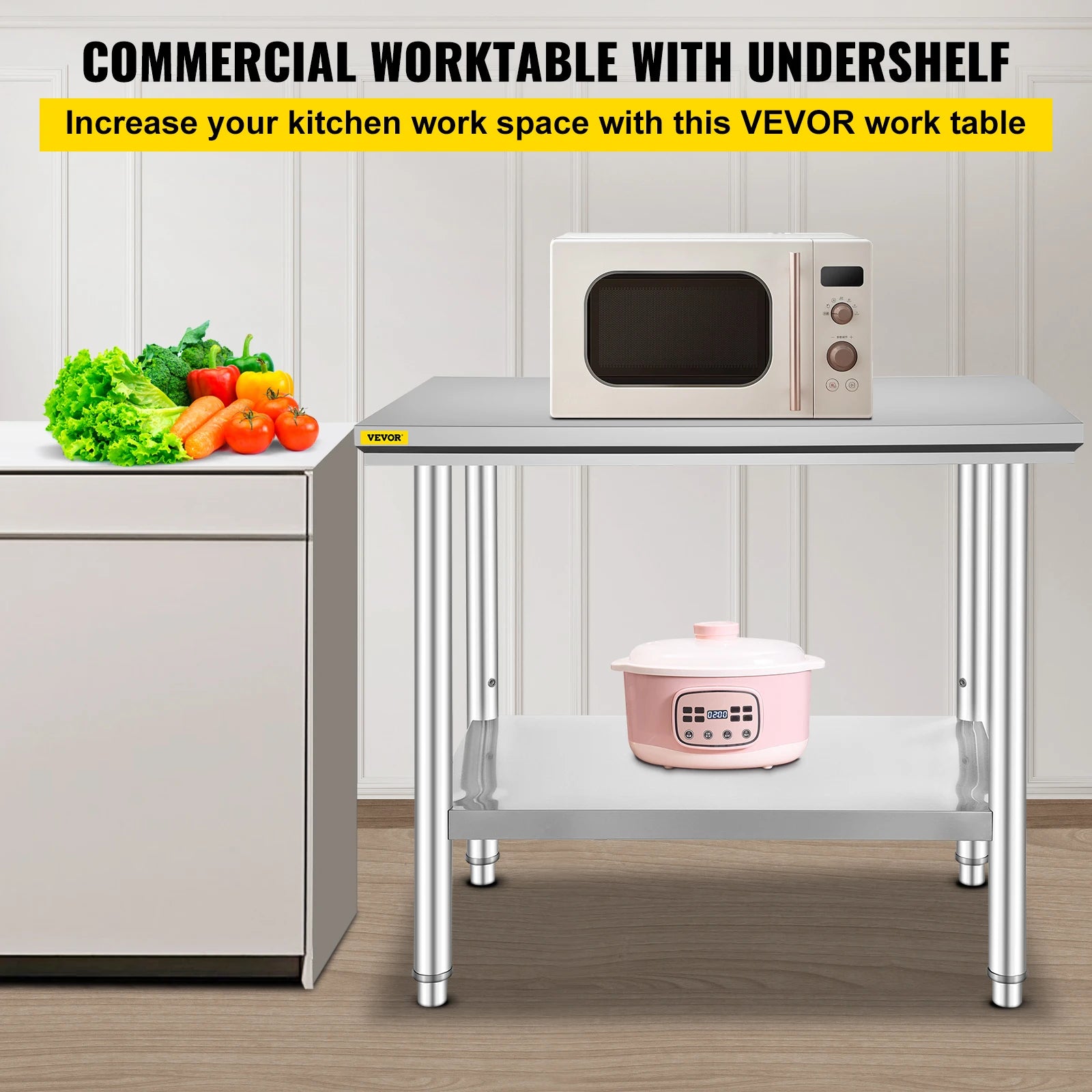 Stainless Steel Kitchen Prep Table with Undershelf, 286–330 lb Capacity