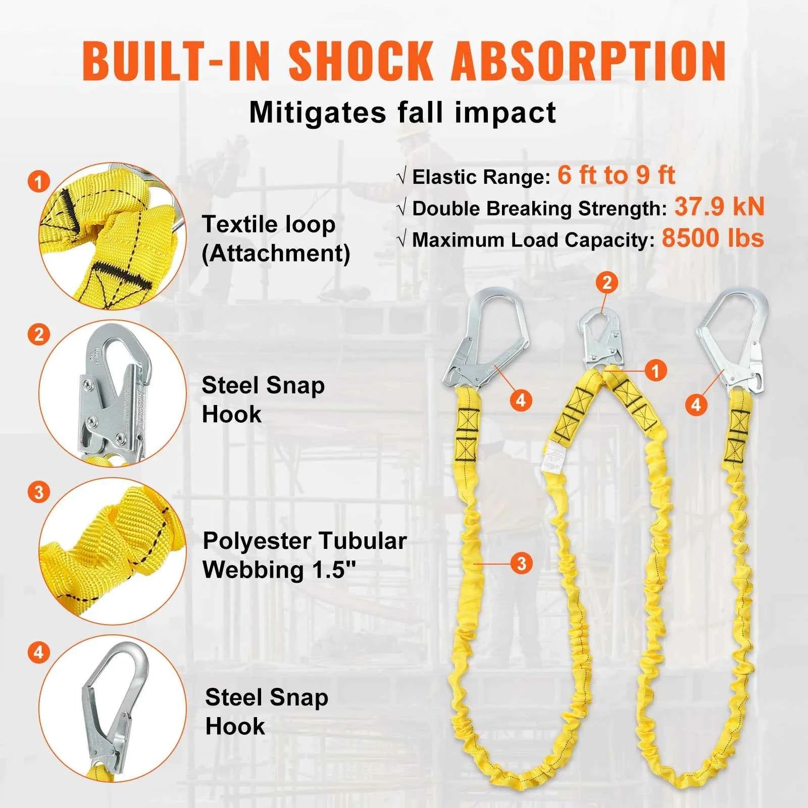 38mm Safety Lanyard 6ft Retractable Fall Protection Belt Yellow