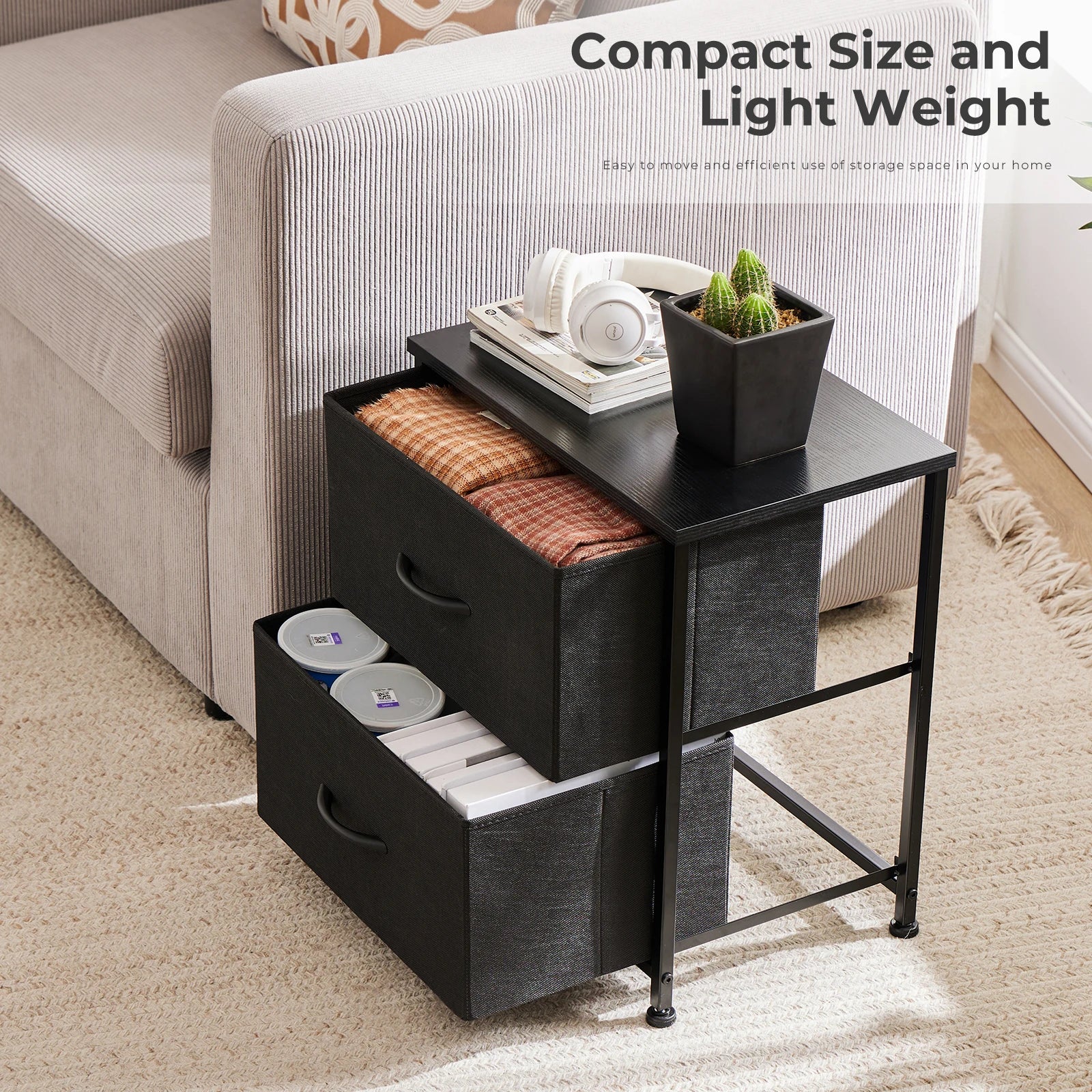 Set of 2 Fabric Drawer Nightstands with Storage and Metal Frame