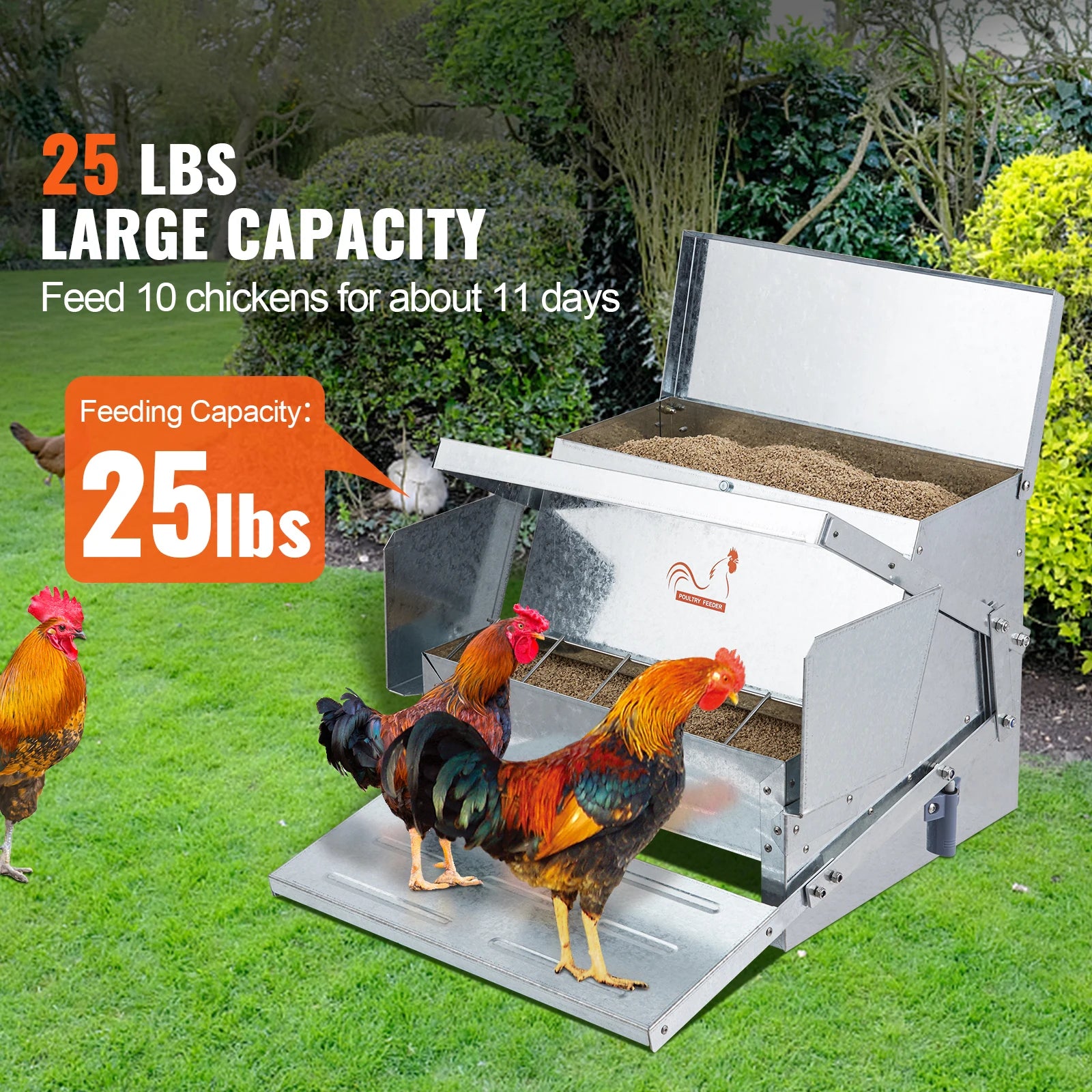 Alimentatore automatico per polli SucceBuy, capacità 25 lb, alimenta fino a 10 polli per 11 giorni, feeder in acciaio zincato per pollame