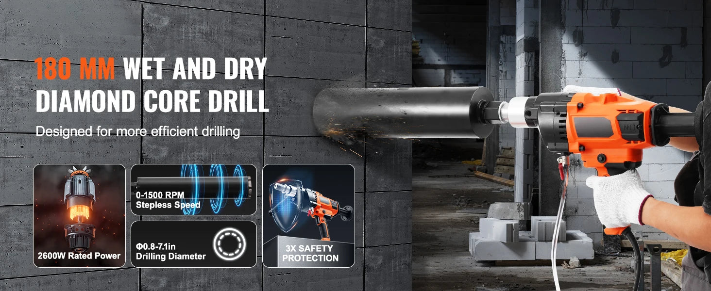 Handheld Core Drill Machine 2000W/2600W Wet & Dry Concrete Drill