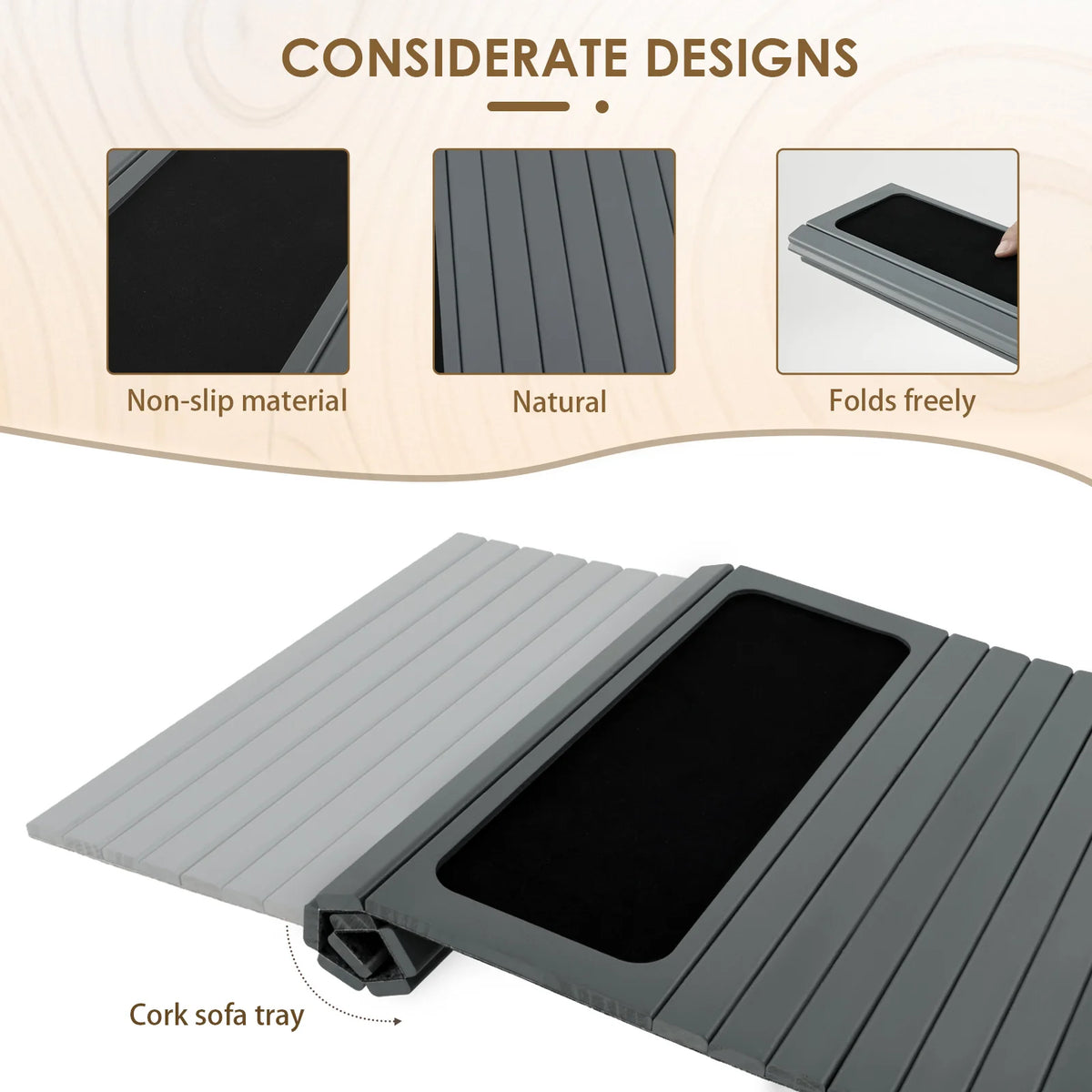Tabuleiro de madeira para braço de sofá, design dobrável, resistente e robusto, prático para arrumação em casa
