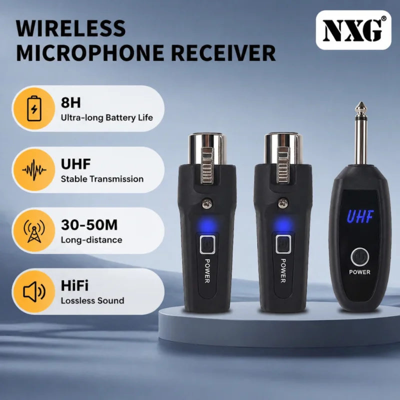NXG N-008 Wireless Microphone Receiver & Transmitter with Smart Noise Reduction, XLR/6.35mm Plug-In Transmitter & Receiver Suitable for Recording, for Conferences, Stage Performances, - for Podcasts, Public Speaking, Events