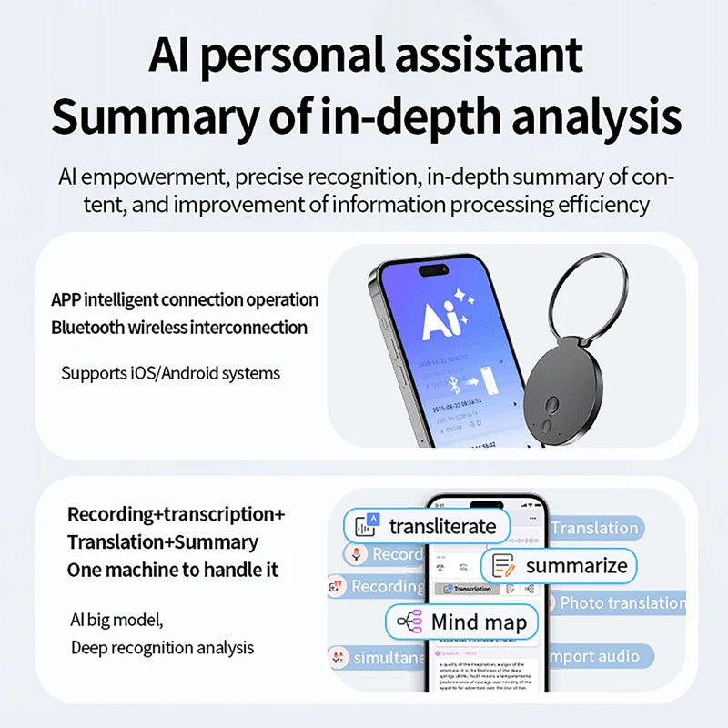 AI ChatGPT Voice Recorder 8-128GB Mini Keychain Magnetic Dictaphone 256GB Intelligent Summarization Real-Time Recording Device