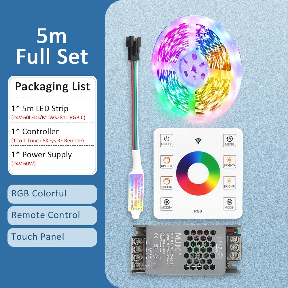 LED-stripe RGBIC 5050 24V WS2811 5M 10M 15M 20M RGB IC løpende vannstrømmende lys tape diodebånd romdekorasjonslampe