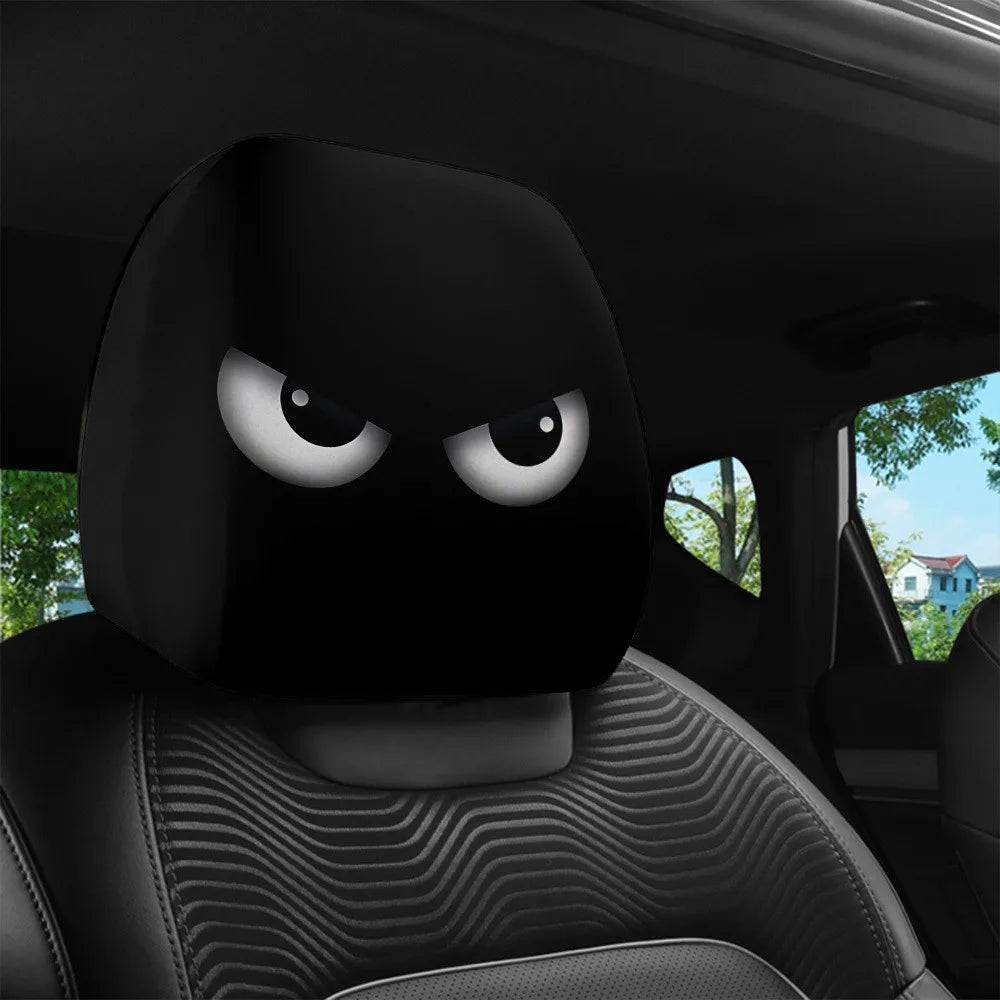 2PCS Funny Slanted Eyes Cartoon Print Car Headrest Cover for Halloween Christmas Holiday Automobile Interior Decoration 