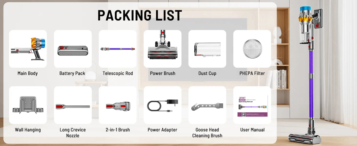 650W Cordless Vacuum Cleaner 65KPA Strong Suction for Pet Hair and Carpet