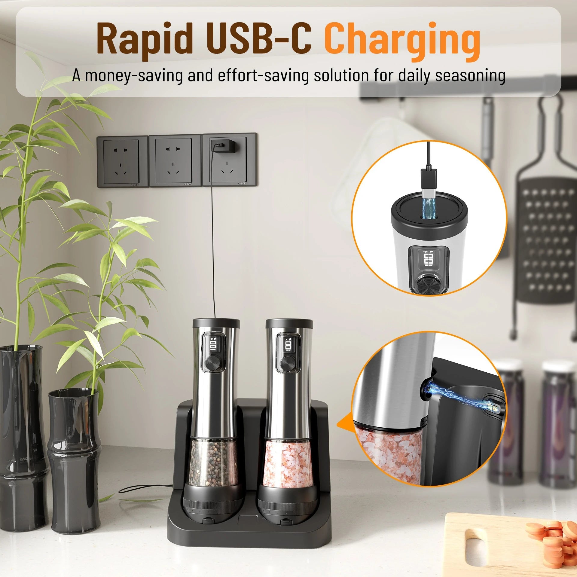 Electric Salt & Pepper Grinder Set with Rechargeable Base & LED