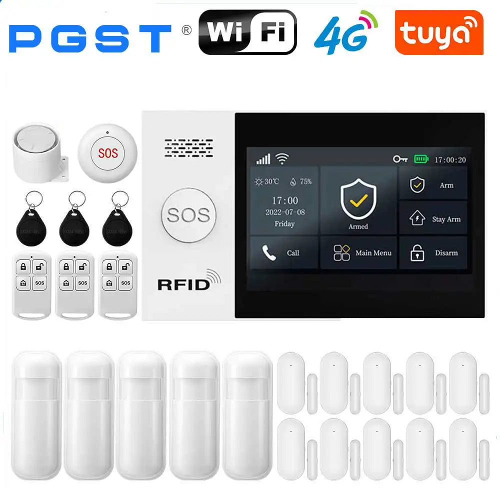 PGST Wireless Home Security Alarm System Work with Tuya 4G 2G GSM WIFI Smart Home 433MHz App Control With Alexa
