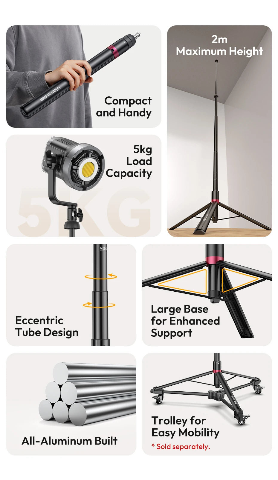 Ulanzi AT-05 2M Heavy Duty Light Stand Foldable Tripod with 1/4" Universal Mount for Photography Video Lights Cameras Livestream 