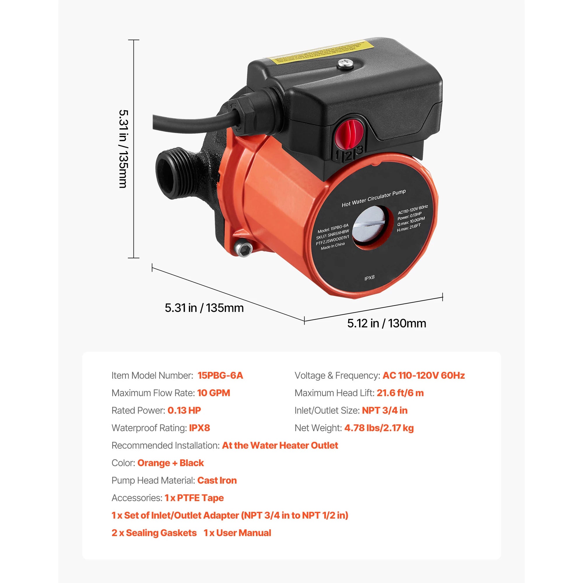 SucceBuy Hot Water Recirculating Pump 10 GPM 3 Speed Control 0.13 HP 110-120V NPT 3/4 to 1/2 Adapter Stainless Steel/Cast Iron