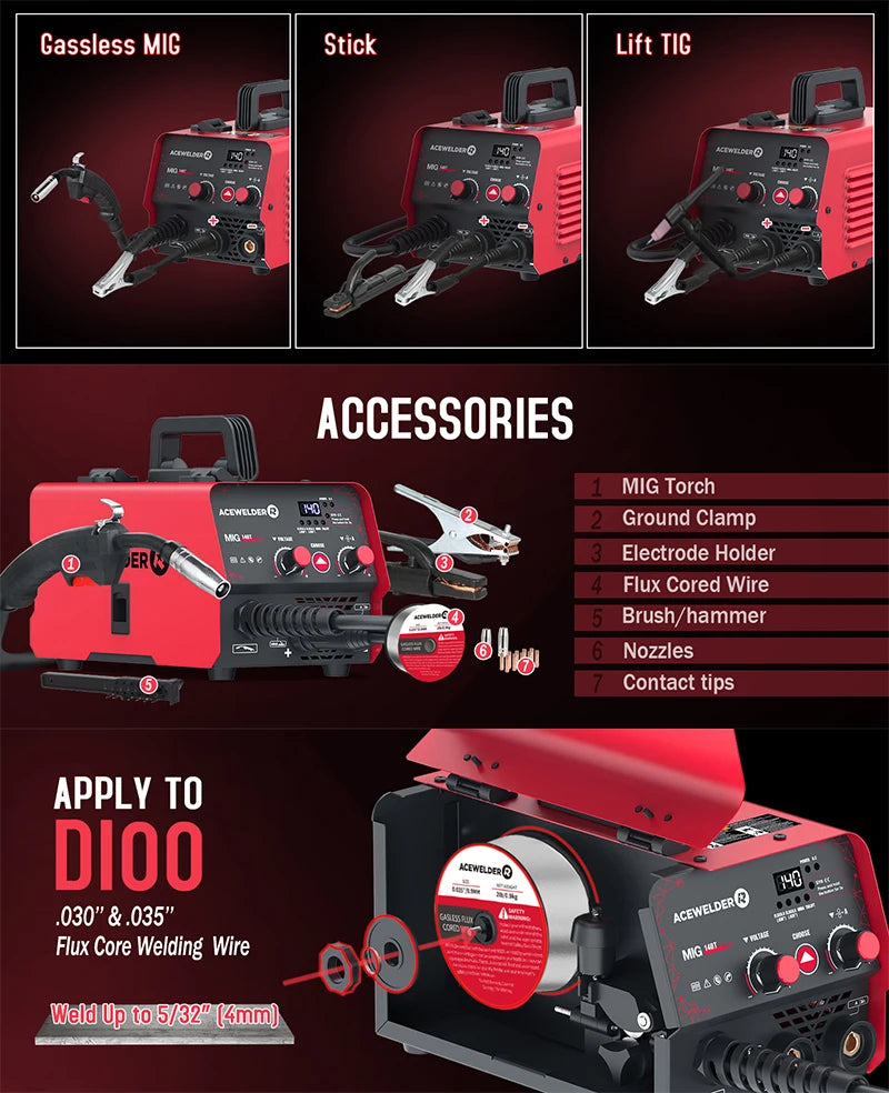 ACEWELDER 3 In 1 Welding Machine 140A Flux Cored MIG ARC Lift TIG Welder 110V IGBT Inverter Gasless Welding Machine