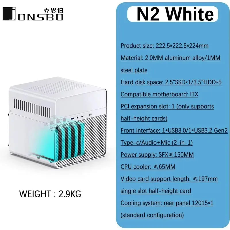 JONSBO N2 NAS Custodia Mini ITX in Alluminio per Home Office Intrattenimento Gioco Computer Server Host ITX Supporta 5 Hard Disk Alimentatore SFX