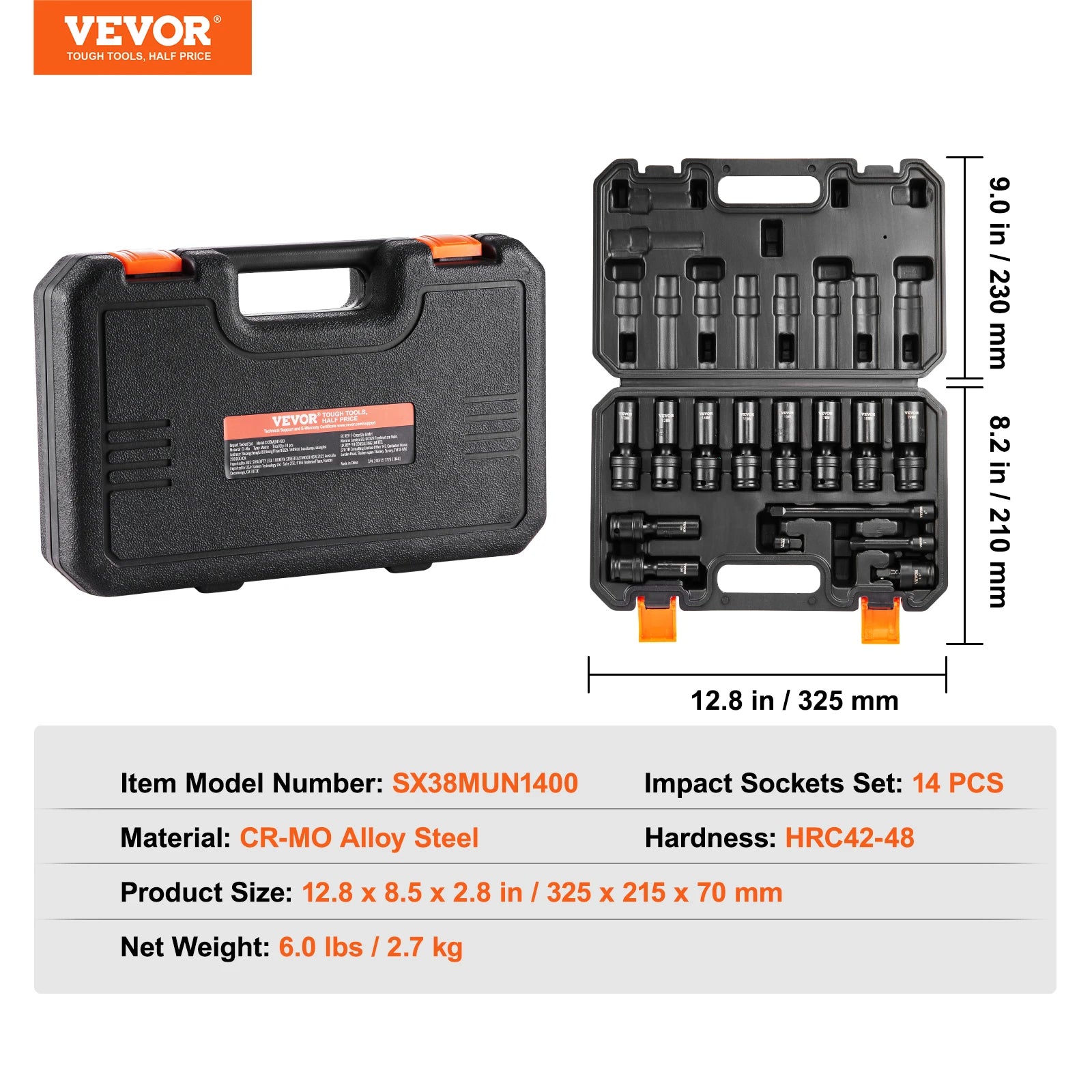 3/8" Draaibare Slagmoersleutelset 14-delig Metrisch 10–19mm Cr-Mo