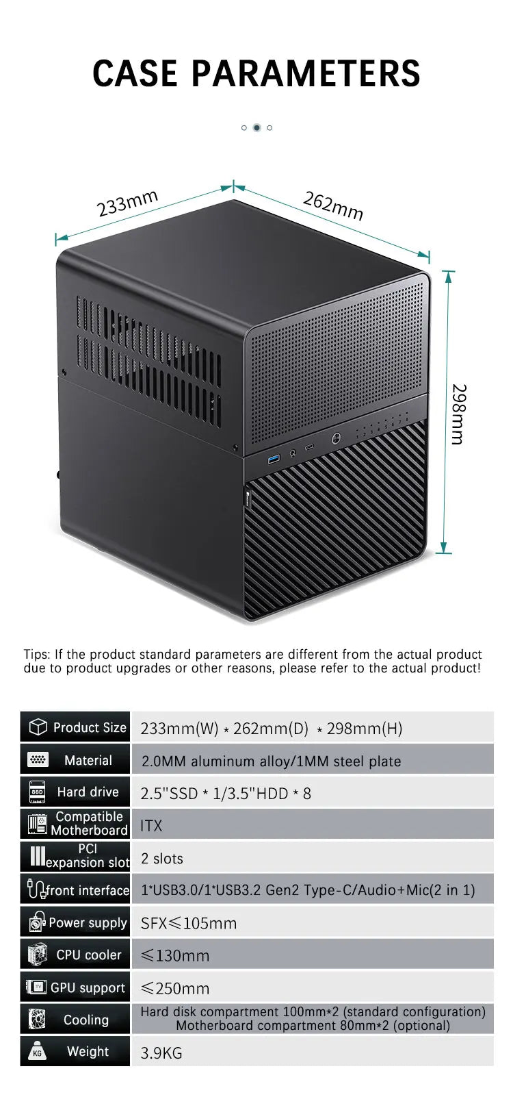 JONSBO N3 Mini NAS kabinet ITX Mini aluminium med stålplade, understøtter 130mm CPU-køler, to 100×25mm blæsere er standard