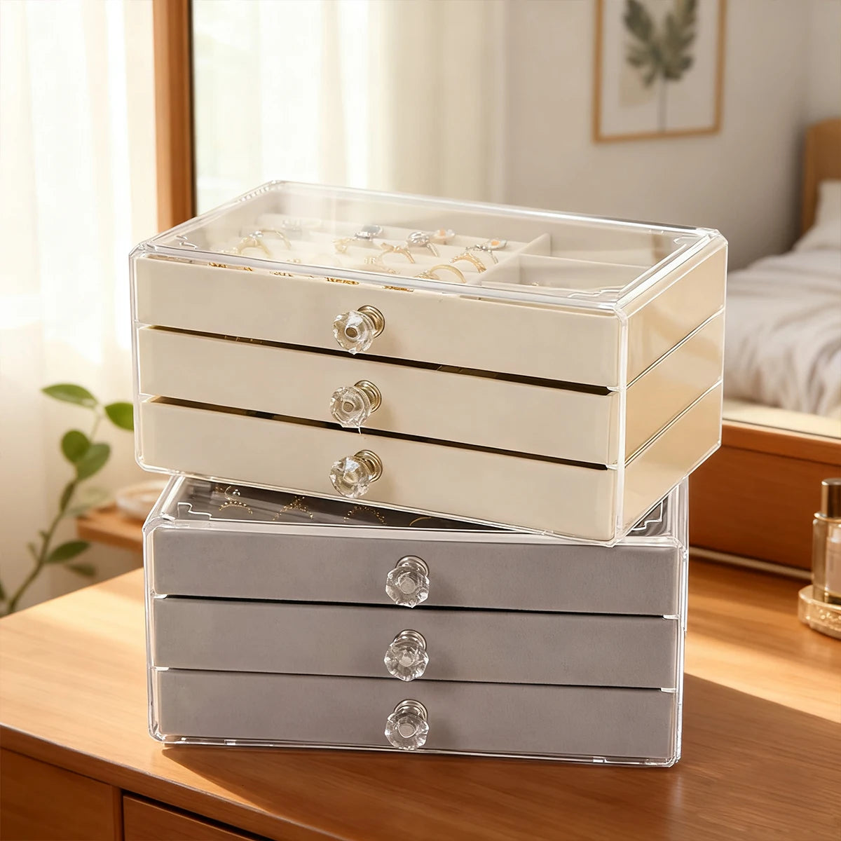 1 boîte à bijoux à tiroirs empilable sur 3 niveaux, beige/grise, pour ranger boucles d’oreilles, bagues, colliers et bracelets