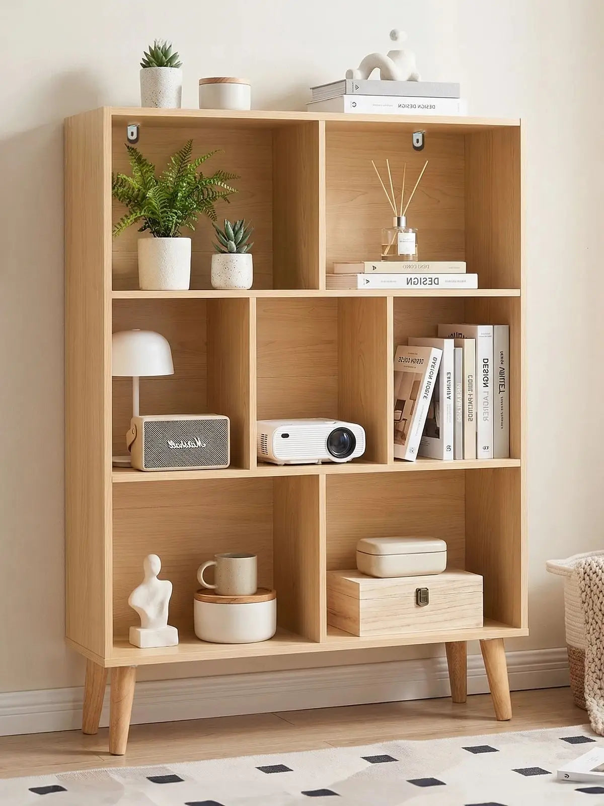 3 Tier Wooden Bookshelf with 7 Cubes and Adjustable Layout