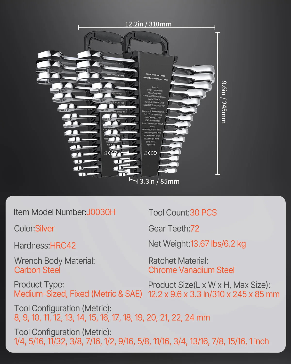 24-Piece Ratcheting Combination Wrench Set with Organizer Rack, SAE and Metric
