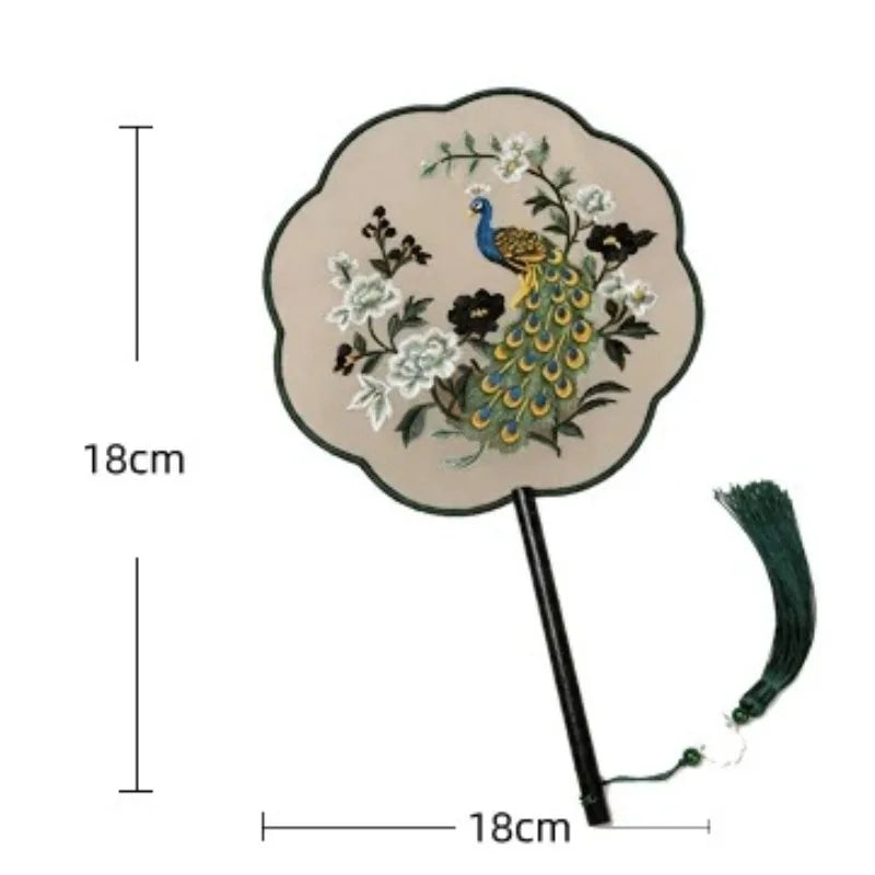 Kinesisk rund solfjäder med dubbelsidigt broderi
