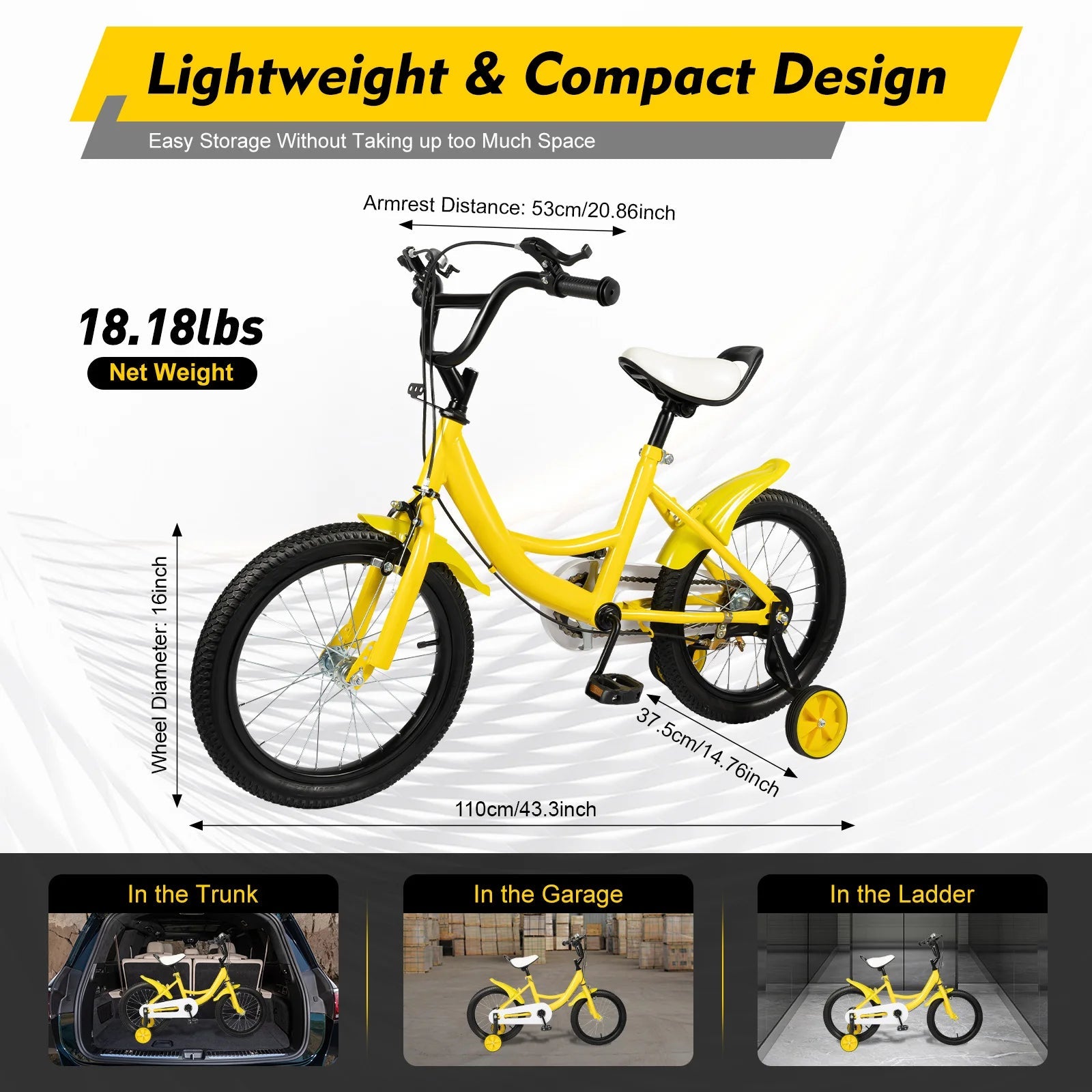 16 Inch Kids Bike Adjustable Height Dual Brakes Children's Bicycle Load 50kg w/ Training Wheels for Ages 5-8 (Pink/Green/Yellow) 