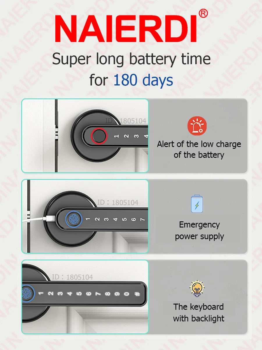 NAIERDI Smart Door Lock 5-1 Keyless Bluetooth Fingerprint Door Lock with Card Tuya APP Security Digital Door Lock with Handle