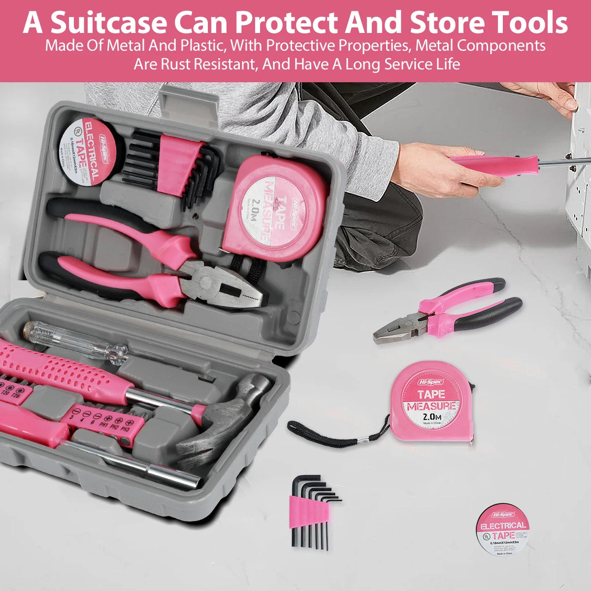 Kit di Attrezzi per Riparazioni Domestiche da 13/24 Pezzi Set Multiuso Rosa per Casa con Custodia per Ripostiglio Martello e Chiave a Brugola Resistenti