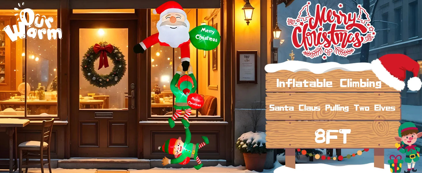 8FT Christmas Inflatables Decor, Climbing Santa Claus with Reindeer & Snowman/Elves, Xmas Decor for Beam Roof Tree Indoor Party 