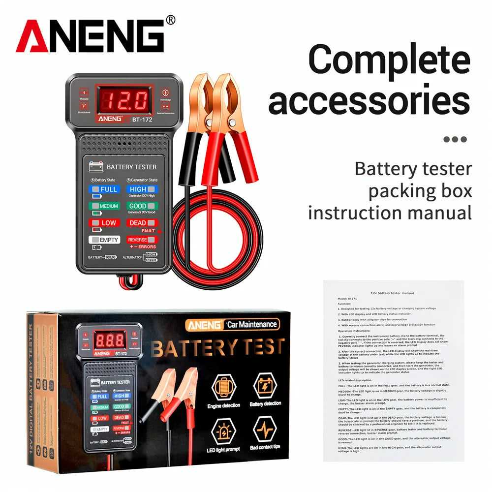 Tester de baterii auto ANENG, detector special pentru baterii de 12V, cu alertă sonoră, detectare a generatorului, BT-172, instrumente multifuncționale