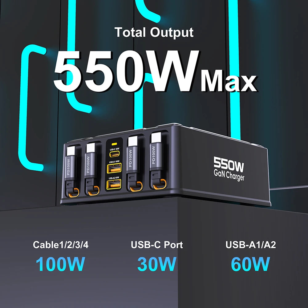 Nabíjacia stanica 7 v 1 s výkonom 550 W a 100W vysúvateľnými USB-C káblami
