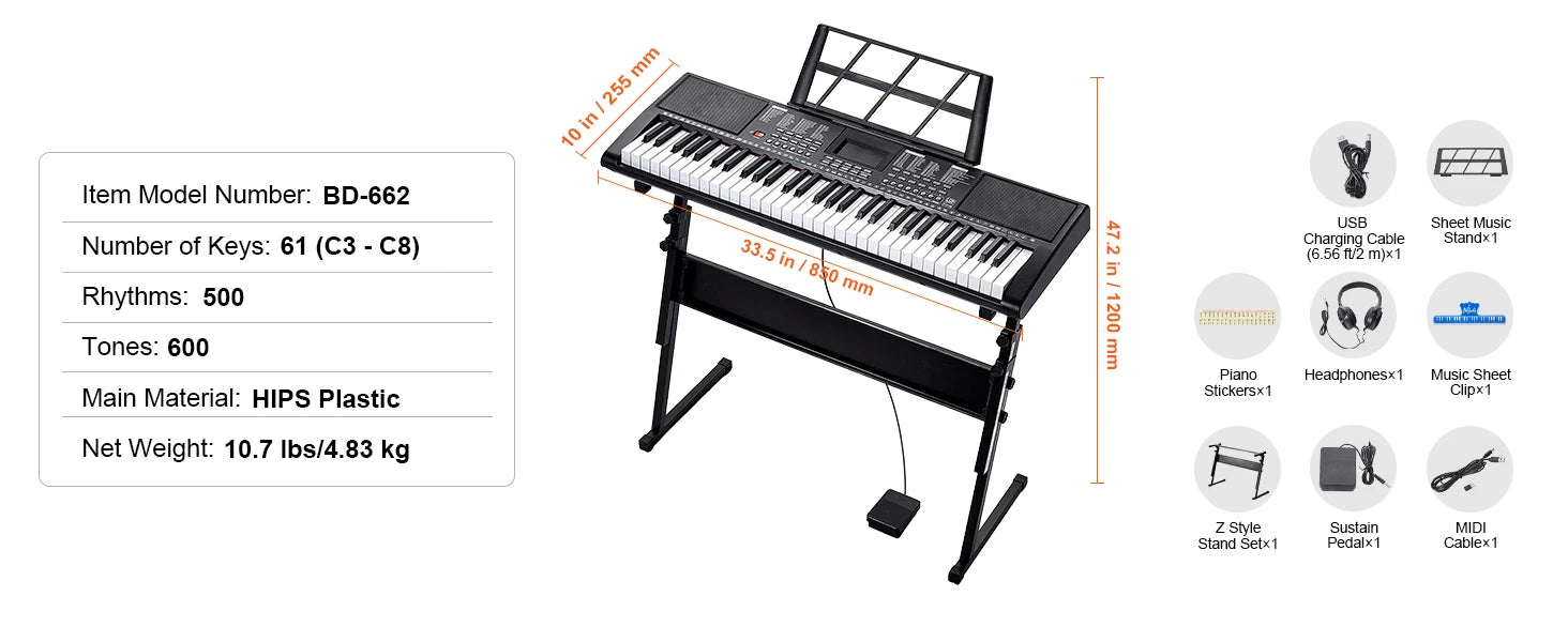 SucceBuy 61 Key Digital Keyboard Piano Electric Portable Piano 200 Tones 200 Rhythms or 600 Tones 500 Rhythms for Beginner Use