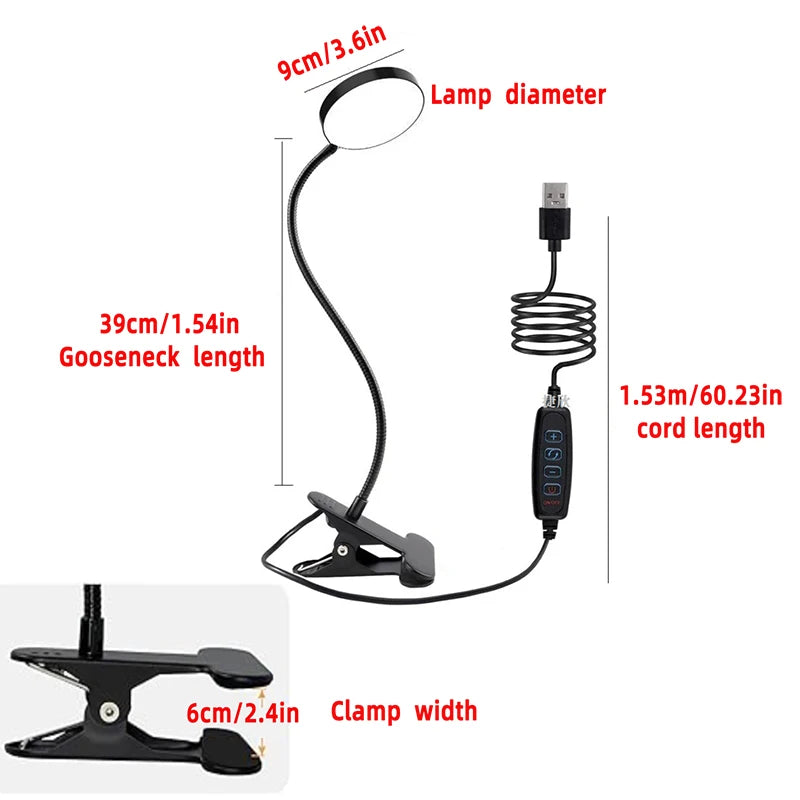 Lampă LED de citit cu prindere cu clips și gât flexibil, cu USB