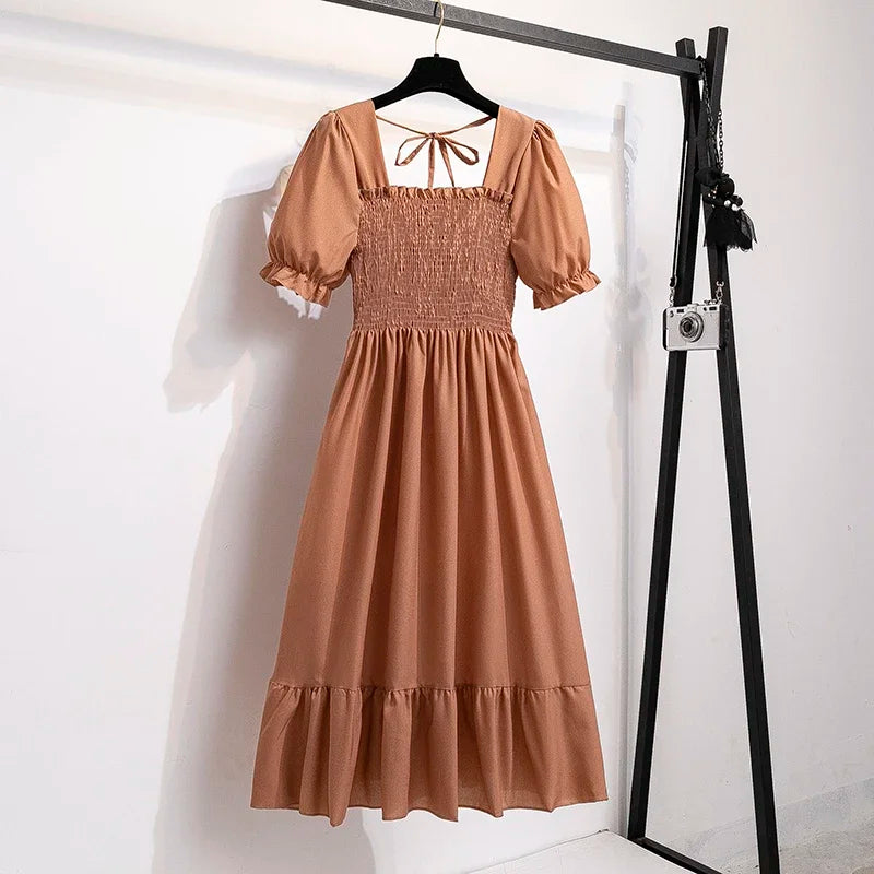 Spring Summer Chiffon Dresses Fashion Female Elastic Waist Short Sleeve Pleated Casual Dress Women A-line Dresses Vestidos 