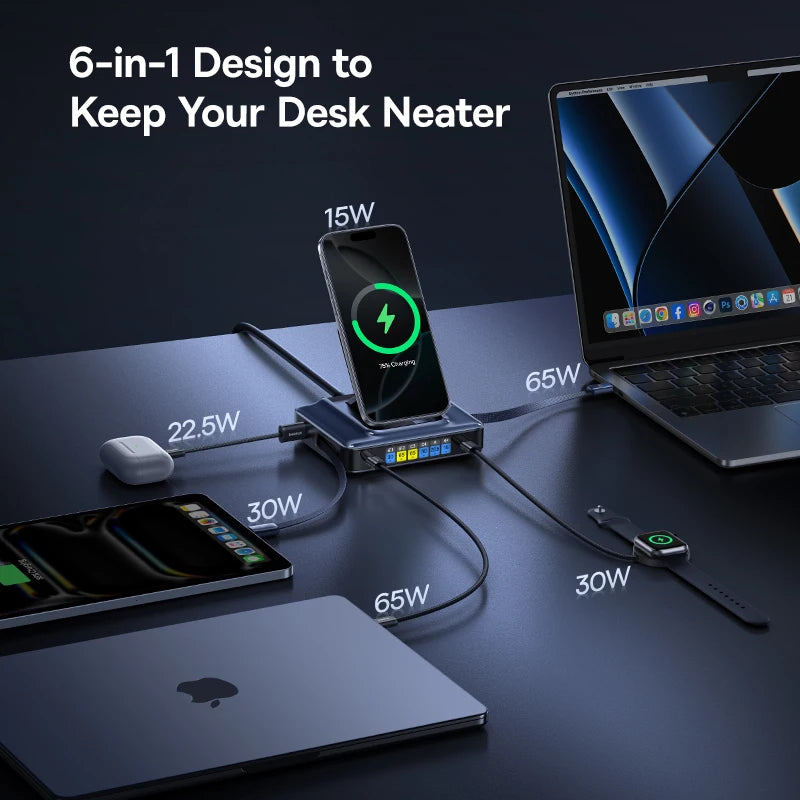 245W 6v1 stolná nabíjačka s Qi2 bezdrôtovým nabíjaním a 100W vysúvateľným USB-C