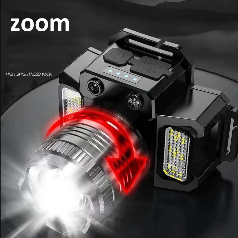 Lampe frontale rechargeable à LED avec lumière frontale et latérale